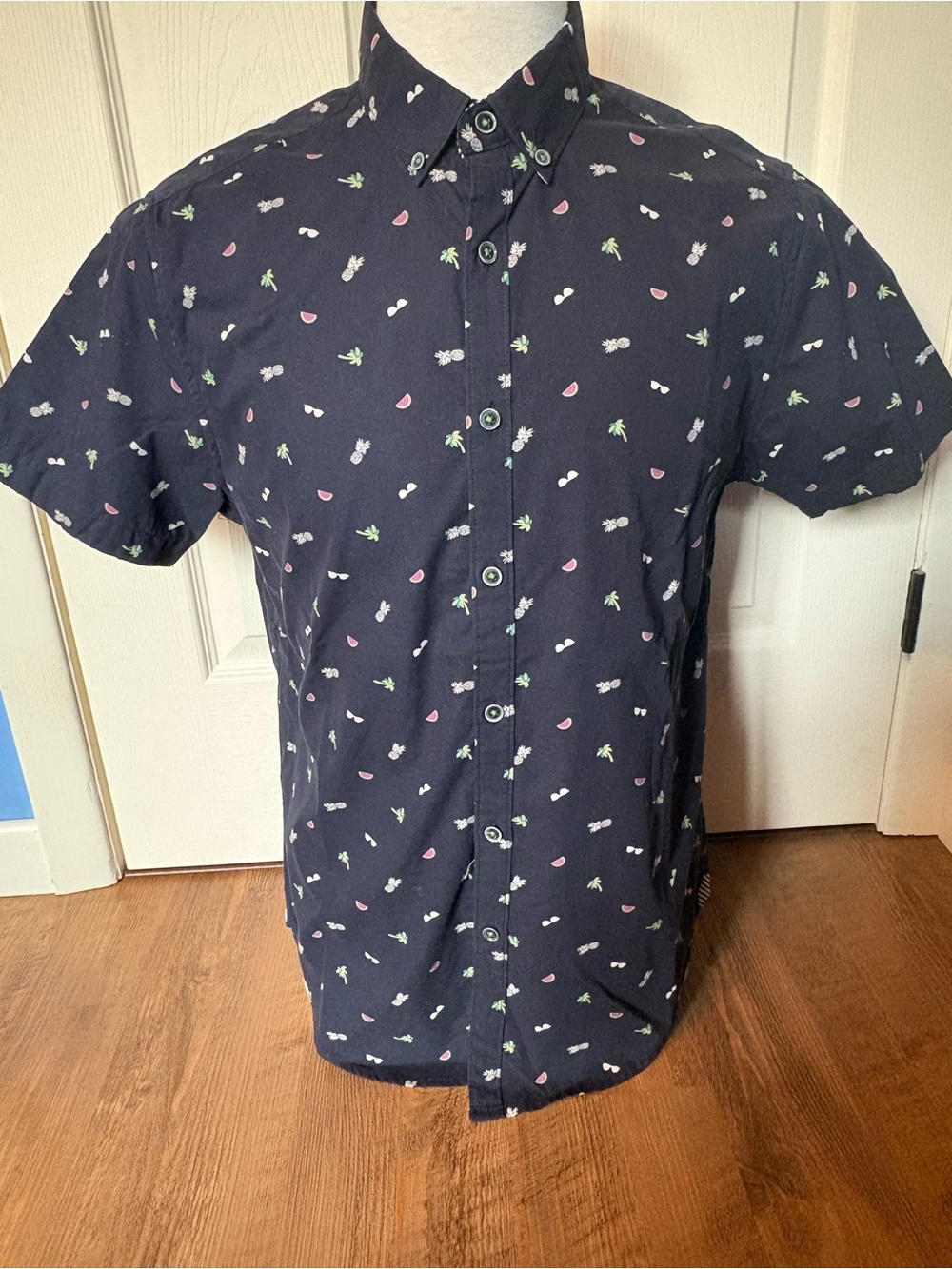 Denim & Flower Navy Short-Sleeve Button-Down with Tropical Micro Motifs
